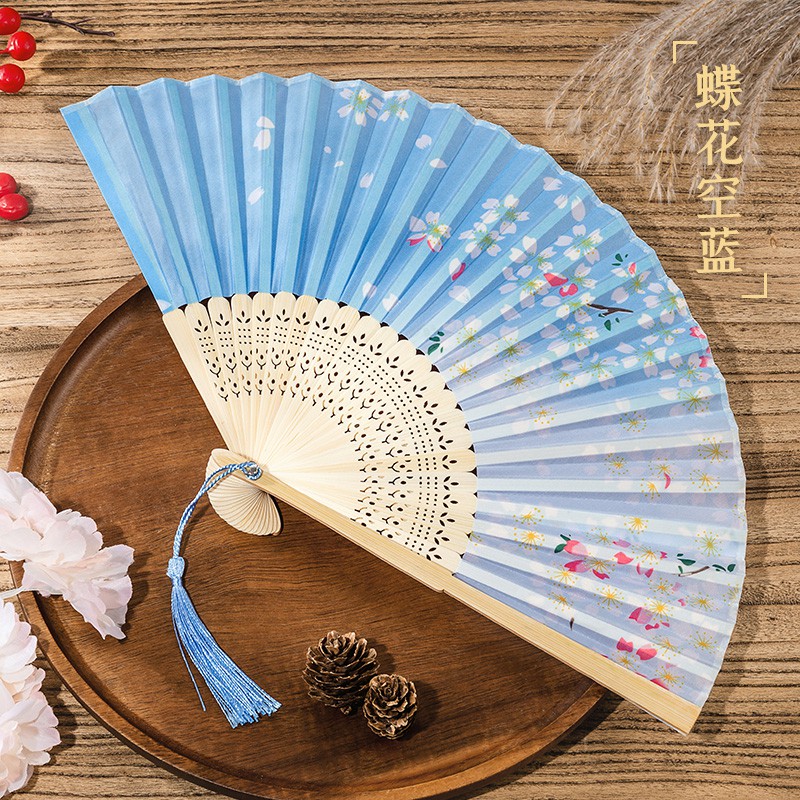 Quạt cổ trang dây tuyến Chiết Nhan Xanh quạt cầm tay quà tặng xinh xắn phong cách Trung Quốc vải lụa in hoa