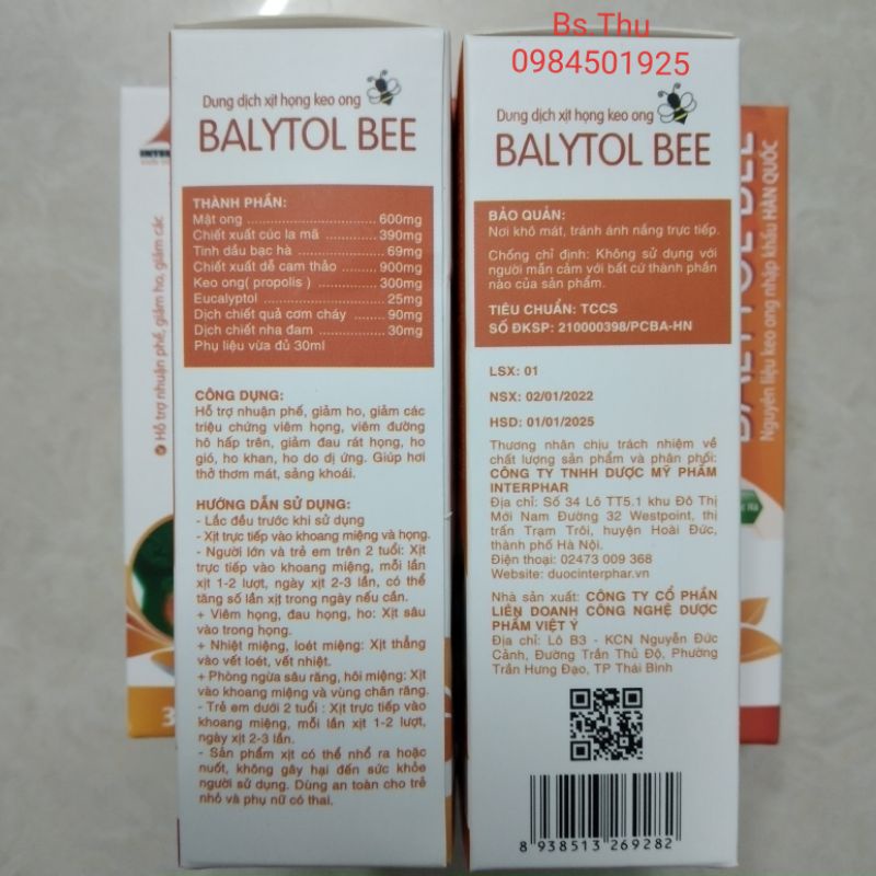 BALYTOL BEE dung dịch xịt họng chiết xuất keo ong lọ 30ml