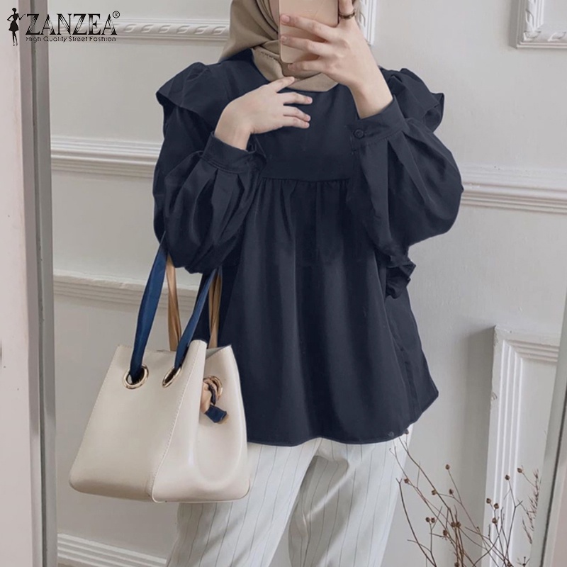 Áo kiểu Zanzea tay dài phồng cổ tròn phối viền nhún bèo thời trang cho nữ