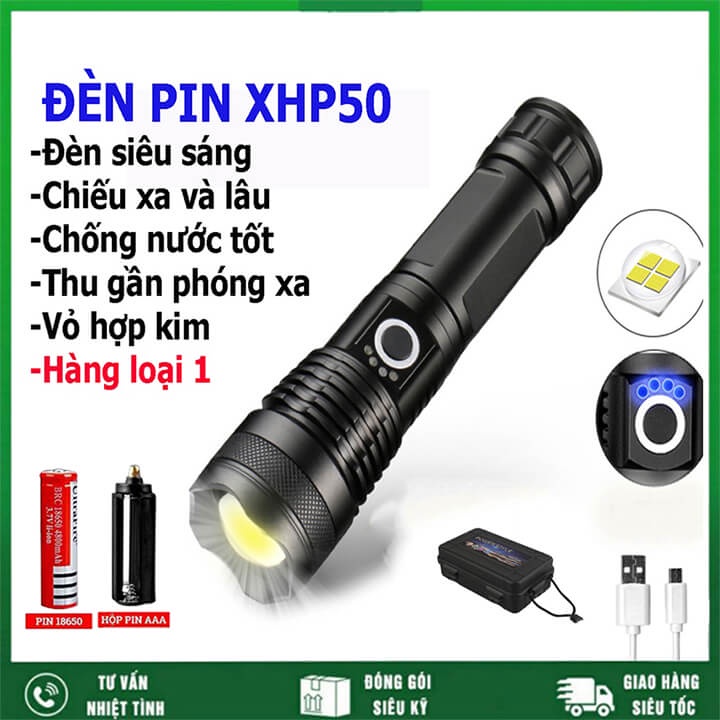 Đèn pin siêu sáng XHP50 có Zoom xa gần chiếu xa 500m, chống thấm nước, pin 6800mAh, đèn pin cầm tay XML T6, đèn pin mini
