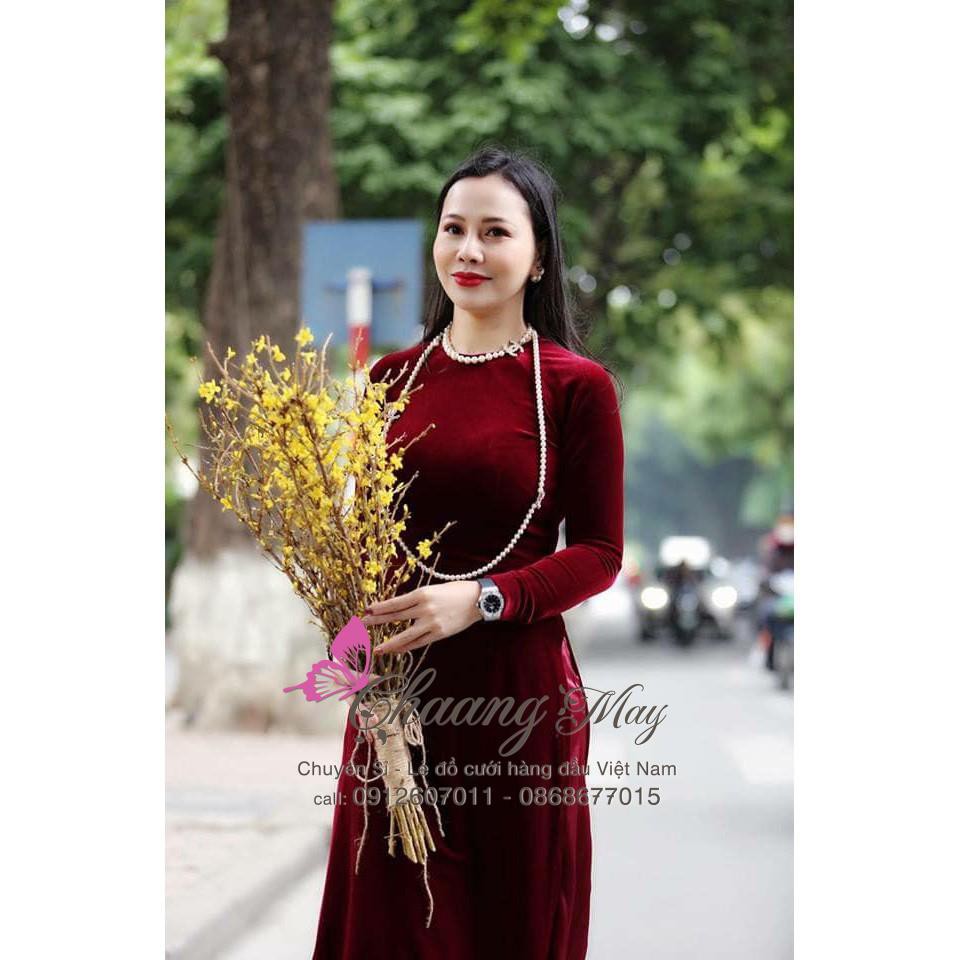 Áo Dài Nhung Đỏ Đô Đậm Truyền Thống May Sẵn Dự Tiệc Lễ Tết Đẹp Quý Phái