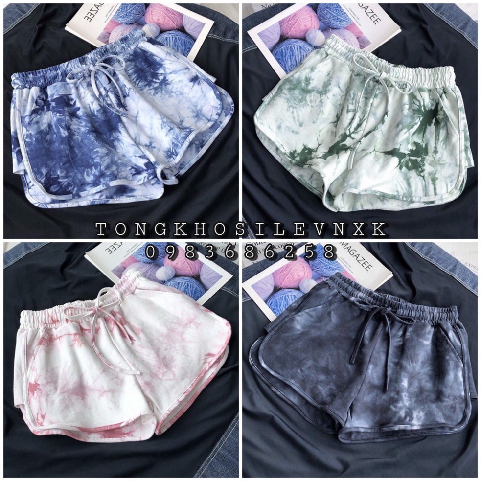 Short Cộc Loang Màu Mặc Đi Ngủ Nữ Đen Rêu Xanh Hồng - Quần đùi Loang suông trơn chất thun co giãn mặc ở nhà Ulzzang - Sp