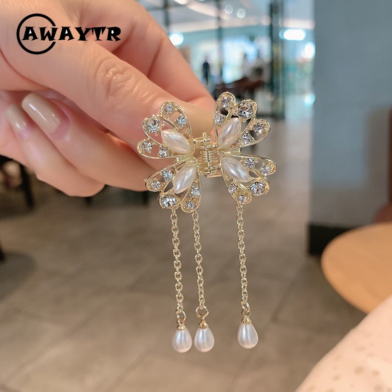 Kẹp Tóc Tua Rua Hình Hoa / Bướm Đính Ngọc Trai Pha Lê Phong Cách Hàn Quốc Chất Lượng Cao Cho Nữ