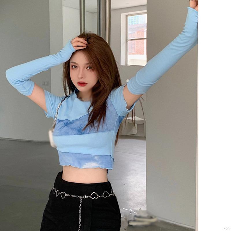 Áo Croptop Tay Dài Cổ Tròn Thiết Kế Dây Quấn Chéo Phong Cách Hàn Quốc