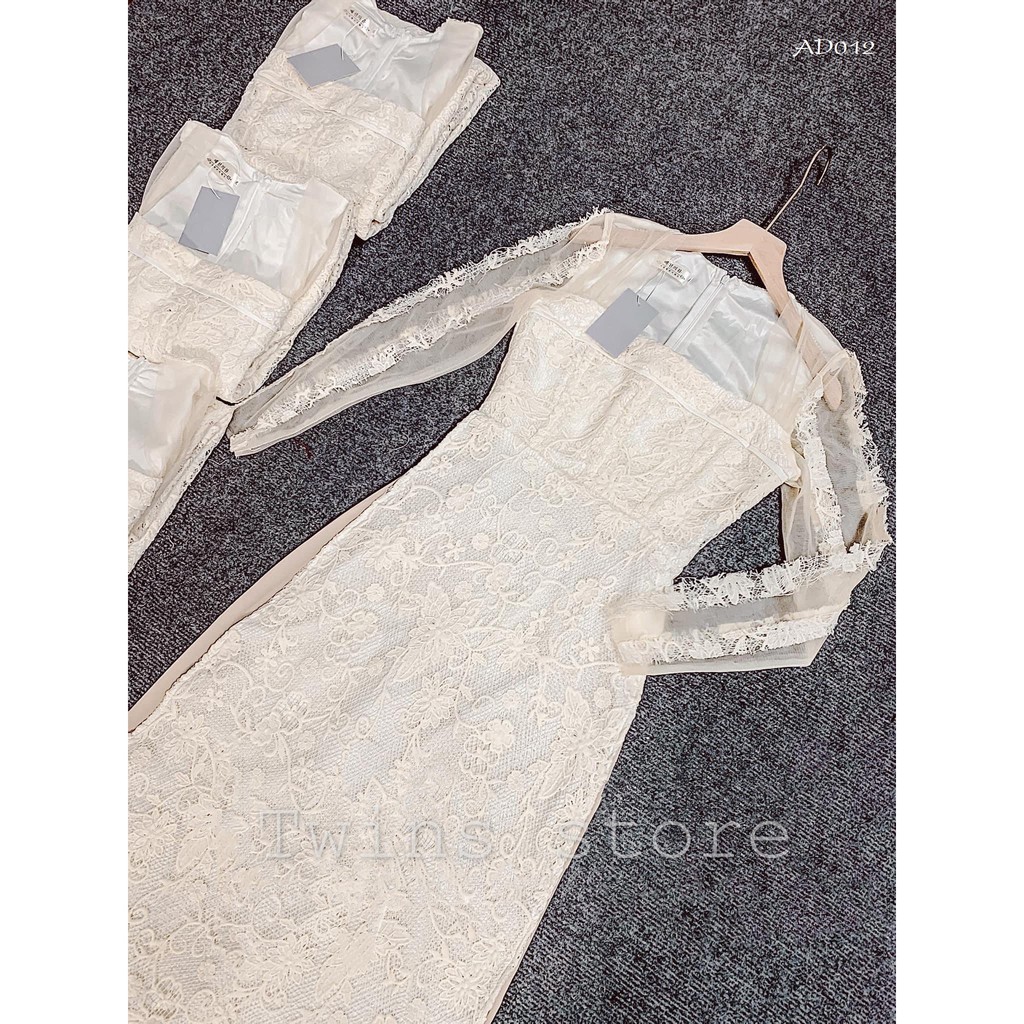 Áo dài dáng ôm KỀM QUẦN, áo dài TWINS STORE chất ren sợi nổi sang chảnh, màu Kem Be - AD012