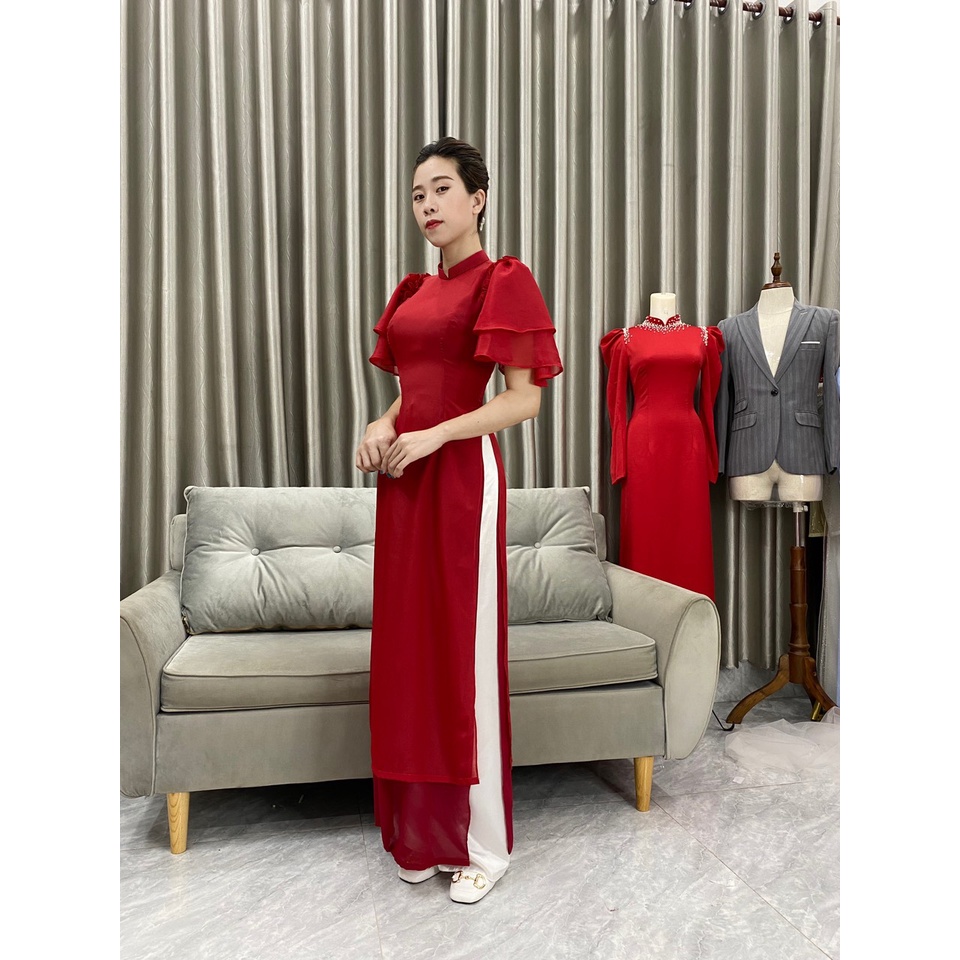 Áo dài tơ óng lót lụa_tông màu đô lai - ADTT090