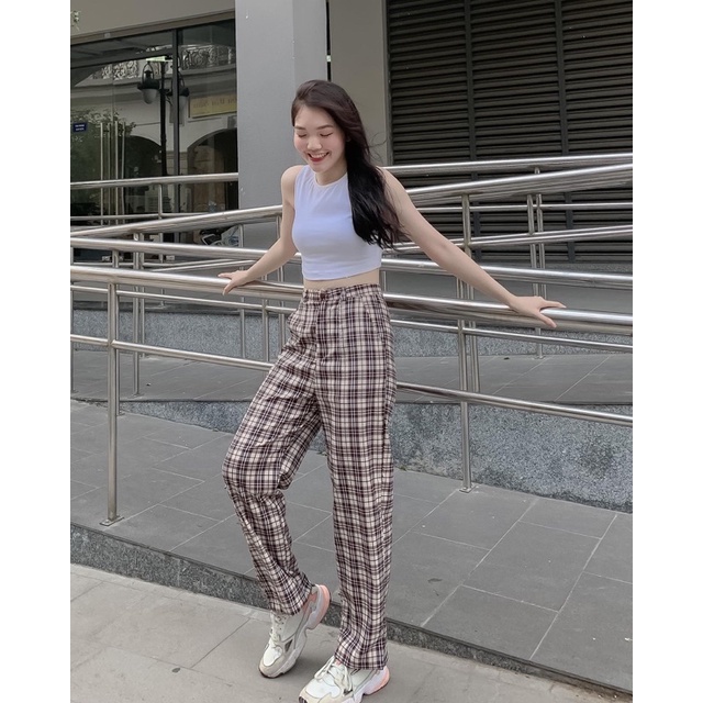 Quần dài ống suông caro