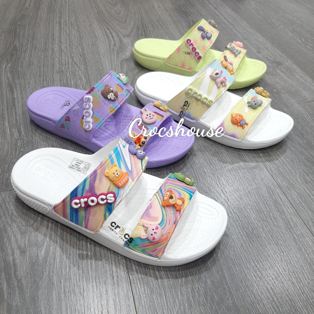 (Bảng màu 1) Dép crocs hai quai ngang hoạ tiết classic tặng 2 jibbitz, dép quai ngang crocs nam nữ - Crocs house