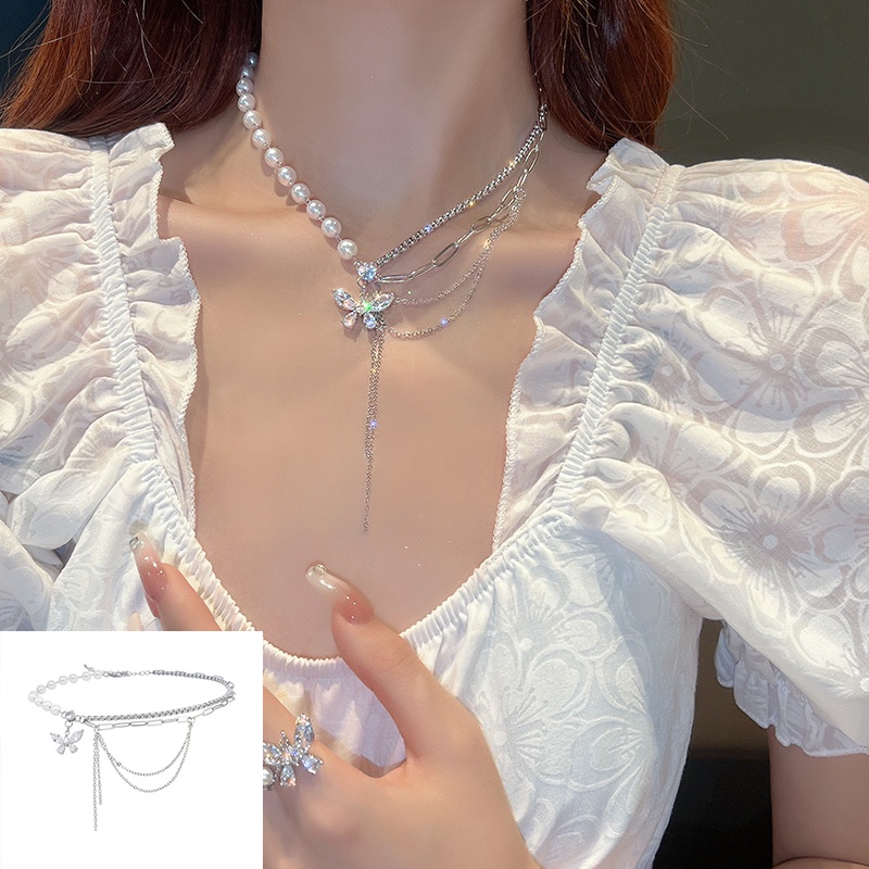 Vòng cổ Hình Bướm Đính Ngọc Trai Nhân Tạo Tua Rua Thời Trang