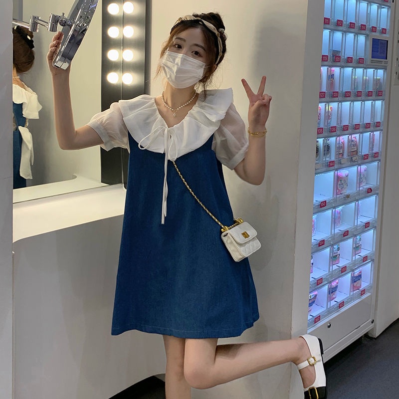 Đầm babydoll set váy Set Áo Sơ Mi Cổ Búp Bê Và Đầm Yếm Denim Xinh Xắn Cho Nữ