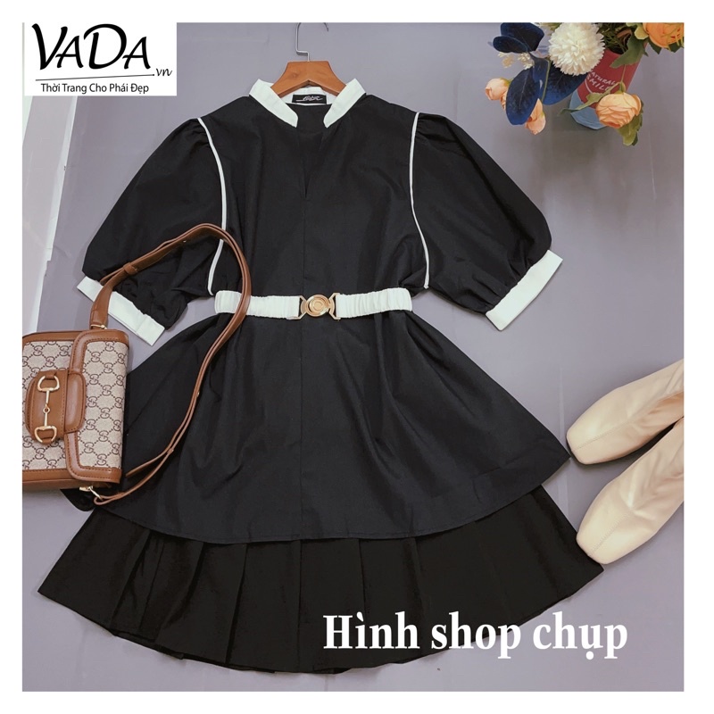 Áo sơ mi kiểu phối kèm dây eo 2 màu Trắng Đen đi làm ,dạo phố xinh xắn -Thời Trang VADA (phối ) | BigBuy360 - bigbuy360.vn