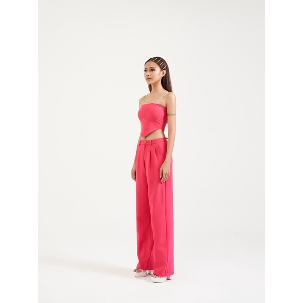 Set áo hai dây hồng kim tuyến + quần dài hồng ống suông