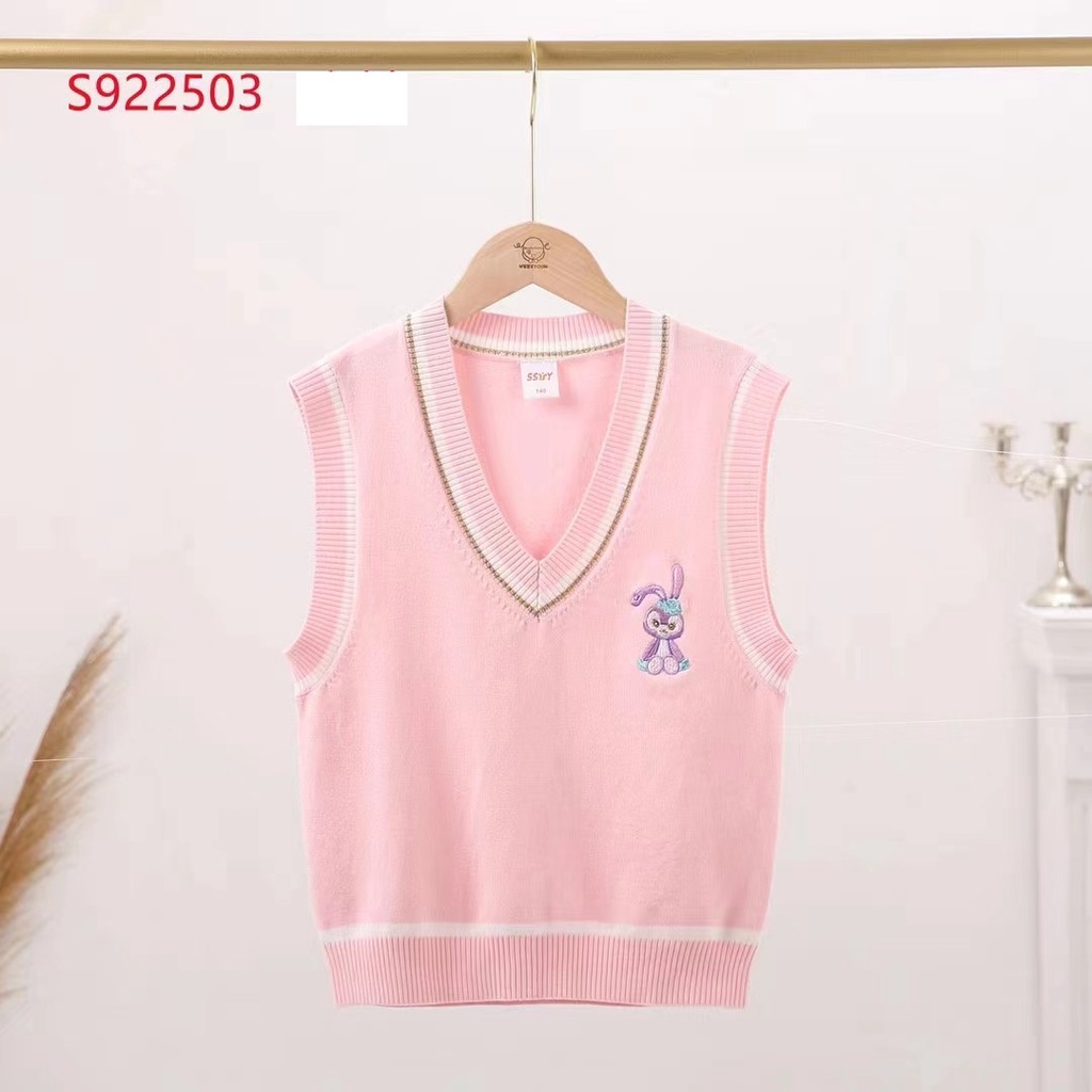 Áo gile len bé gái size đại 8-16 tuổi cổ tim viền kẻ thêu thỏ, Gile len cho bé đanh sợi không bai xù dáng thời trang