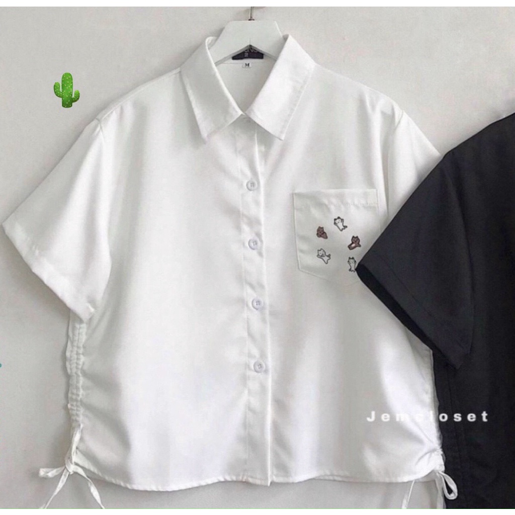 Áo sơ mi nữ tay lỡ có túi họa tiết thêu mèo cute dây rút 2 bên phong cách trẻ trung năng động PC
