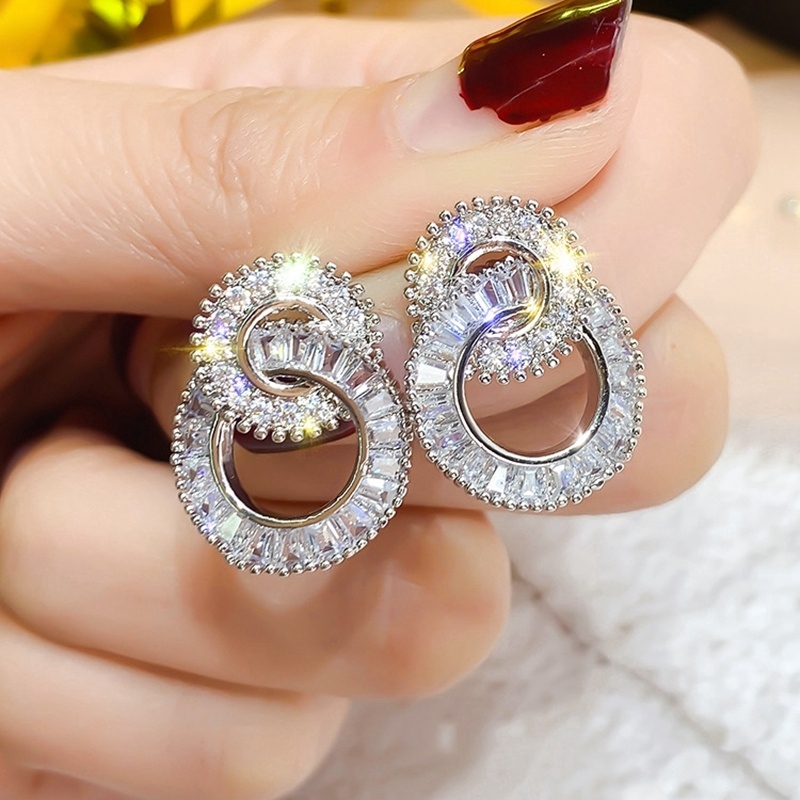 Bông Tai Mạ Bạc 925 Hình Tròn Đính Đá Zircon Thời Trang Dành Cho Nữ