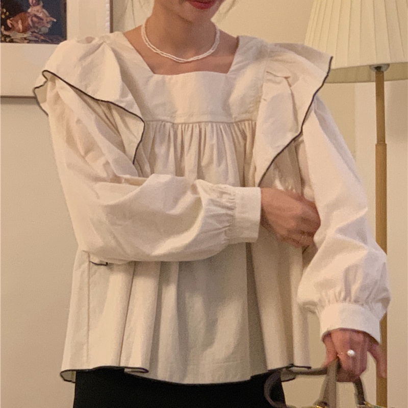 SUXI Áo Sơ Mi Tay Dài Cổ Vuông Màu Sắc Ngọt Ngào Phong Cách Hàn Quốc