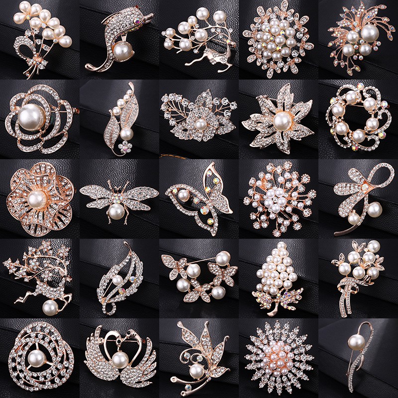 High-grade Shiny Pearl Rhinestones Brooch Korean version Flowers Twin Swans Brooch Fashion jewelry（46 models to choose）