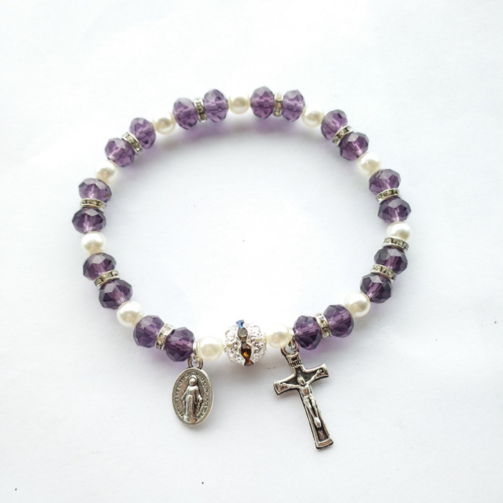 Vòng Tay Chuỗi Hạt Ngọc Trai Nhân Tạo Màu Xanh Dương Thánh Giá Đức Mẹ Mary Miraculous Medal Crucifix Charms