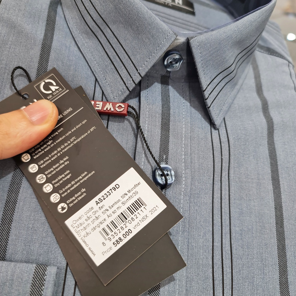 Áo Sơ Mi Nam Dài Tay Owen AS23379D Somi Công Sở Cao Cấp Màu Ghi Xám Kẻ Sọc Dáng Ôm Không Túi Chất Sợi Tre Mềm Mát | BigBuy360 - bigbuy360.vn