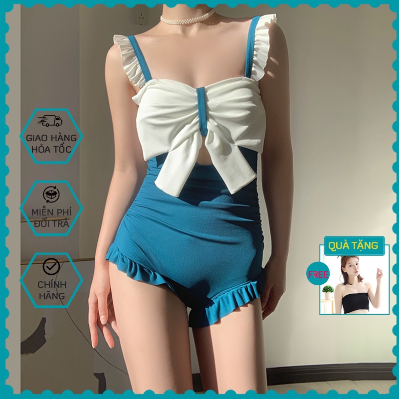 Bộ bikini đi biển 1 mảnh 2 dây bản to nơ ngực BK7,mẫu quần áo tắm nữ bánh bèo tiểu thư cánh tiên