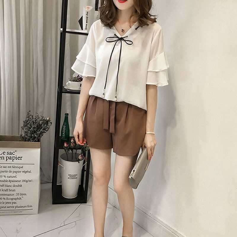 Áo Chiffon Nữ Tay Loe Cổ Chữ V Phong Cách Hàn Quốc