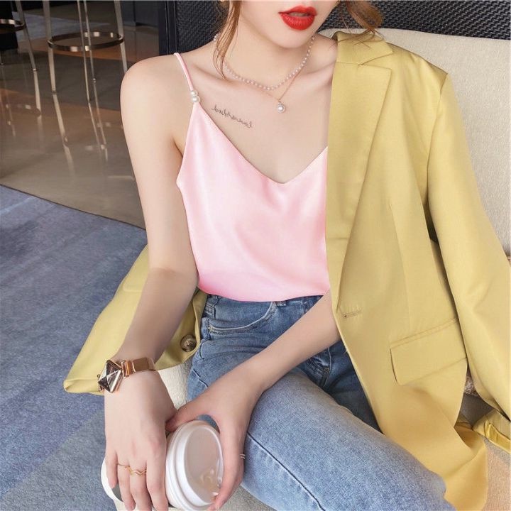 Áo hai dây nữ lụa satin xinh xắn, Áo 2 dây mặc vest/blazer