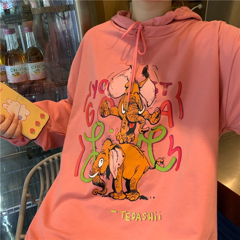 ZHELIHANGFEI Áo Hoodie Dáng Rộng In Họa Tiết Hoạt Hình Xinh Xắn