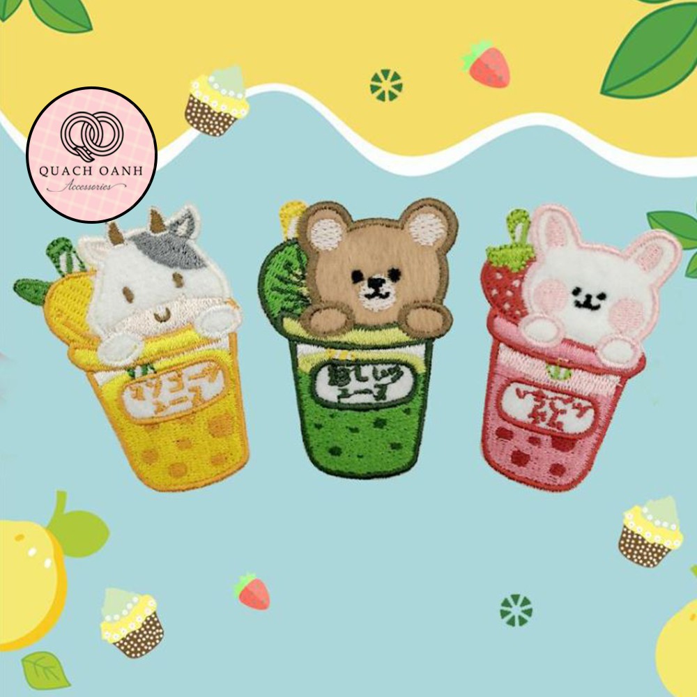 Sticker nhãn dán vải thêu hình cốc trà sữa thú cưng tự dính trang trí sổ, vở, mũ bảo hiểm - ST11