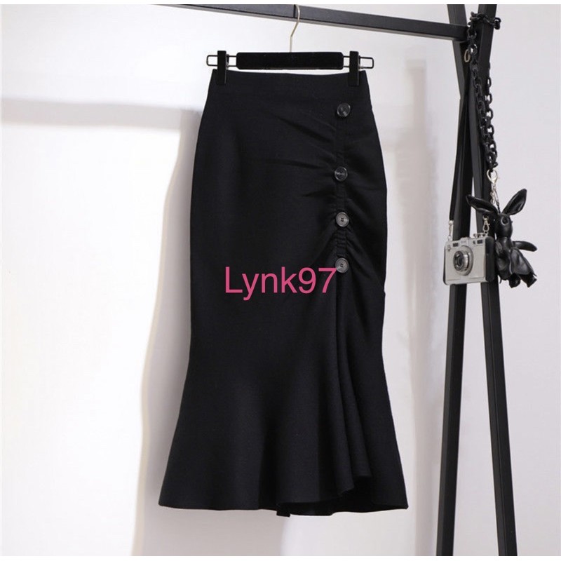 Chân váy dài body tôn dáng vải umi co dãn bèo nhúm đính cúc sang chảnh/chân váy dài đuôi cá/chân váy đuôi cá