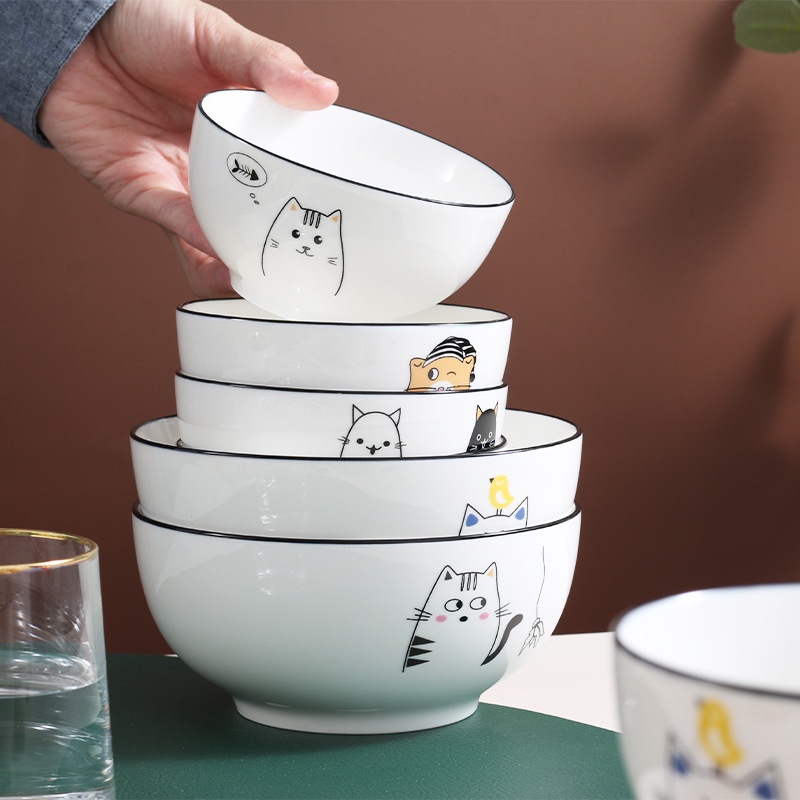 Tô sứ trắng họa tiết mèo kích thước 15cm. Tô sứ men bóng cao cấp phong cách dễ thương.