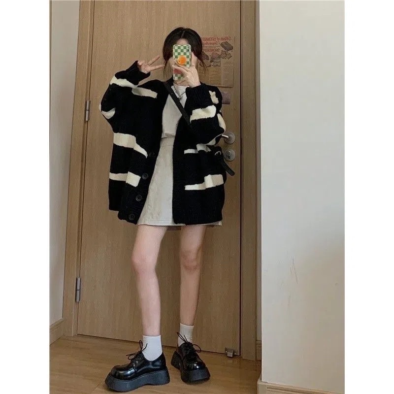 Áo Cardigan Nữ Màu Đen Xanh Kẻ Ngang Vằn To Dài Tay Cài Cúc, Áo Khoác Ngoài Thu Đông Dài Tay Loại 1 Hàn Quốc Đủ Size