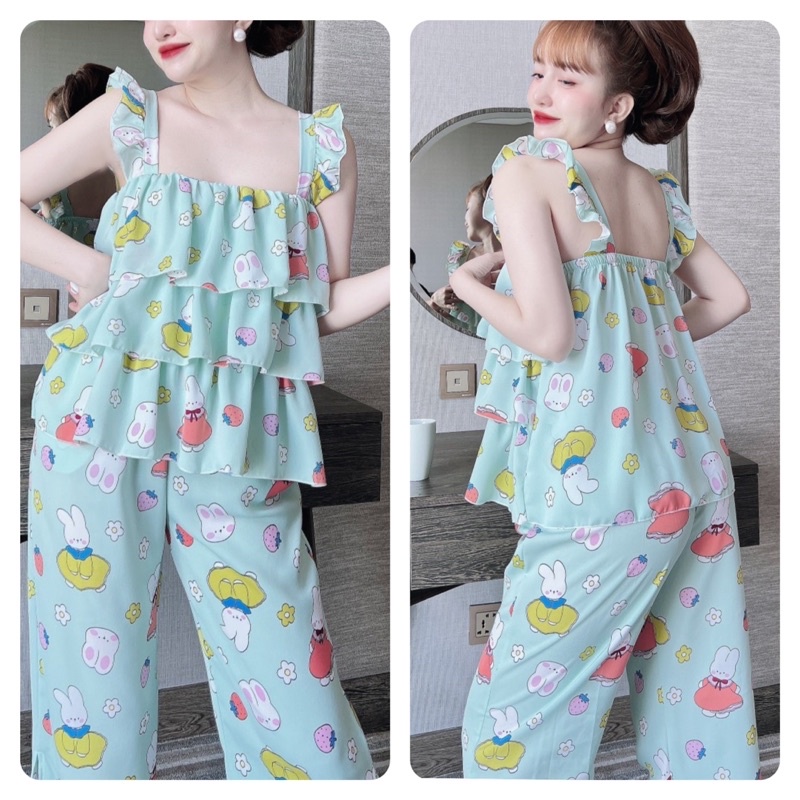 Bộ mặc nhà Trúc My áo 2 dây cánh tiên bèo tầng và quần dài ống suông rộng vải lụa cao cấp