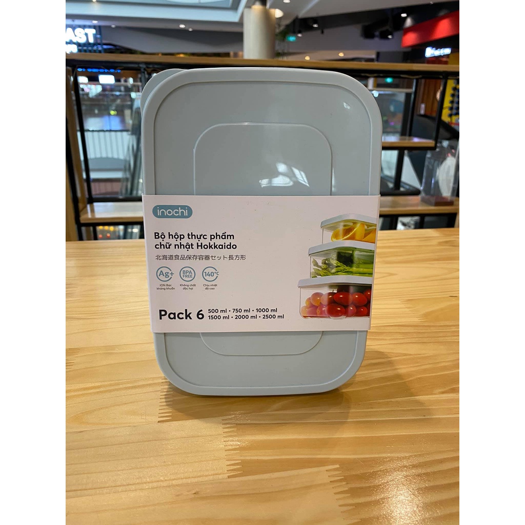 Bộ 6 hộp thực phẩm chữ nhật Hokkaido 500-750-1000-1500-2000-2500 inochi SX và TK theo phong cách tiêu chuẩn Nhật Bản
