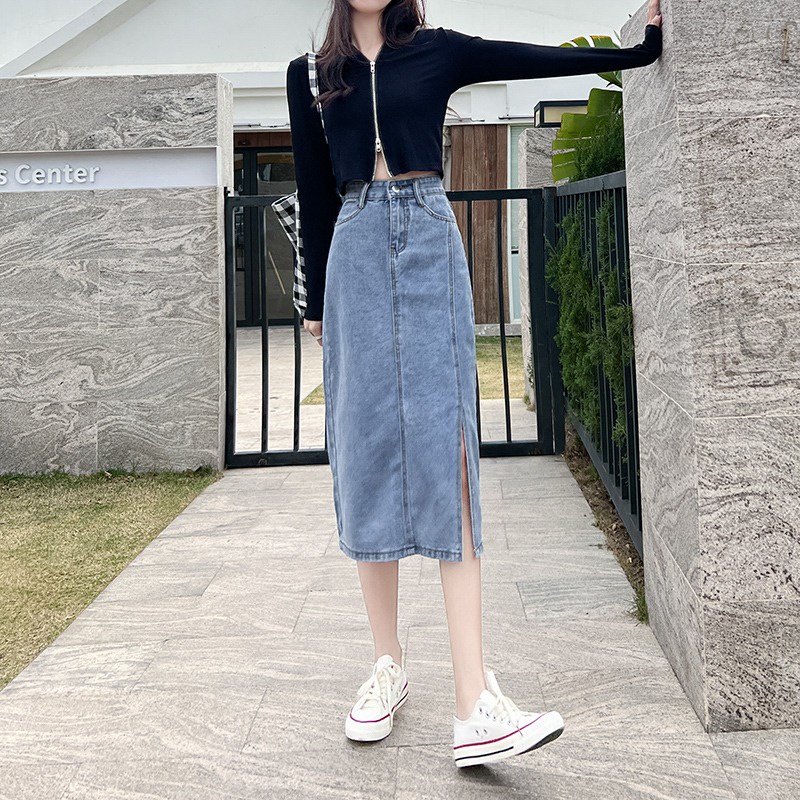 GENAISHA Váy denim Xẻ Tà Dài Trung Bình Thiết Kế Mới Mùa Hè 220329
