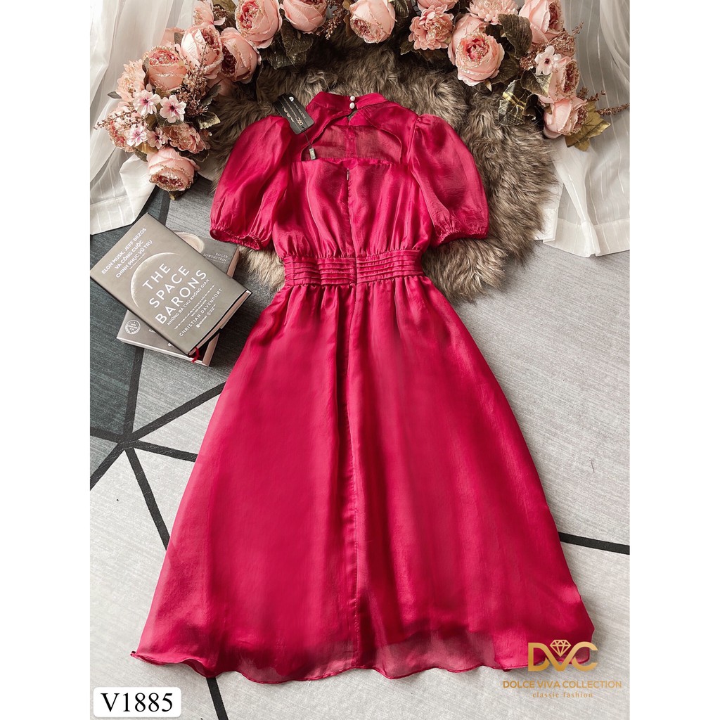 Váy đỏ xòe tay lỡ V1885 - Đẹp Shop DVC - Kèm ảnh thật trải sàn do shop tự chụp