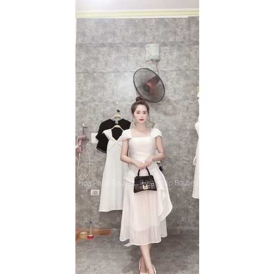 Váy tacffa cổ vuông tay cánh tiên phối chân váy xếp ly siêu xinh