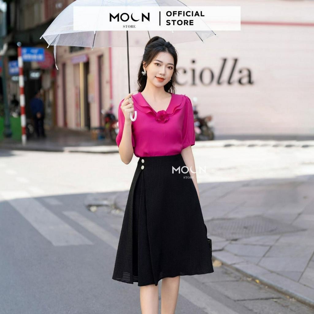 Áo sơ mi chân váy công sở 𝐌𝐎𝐎𝐍, áo tơ nhật dáng ngắn mix chân váy tơ xốp vân sọc dài basic MA170-MCV363