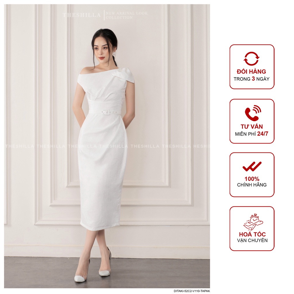 Váy thiết kế cao cấp màu trắng body lệch vai nơ kèm thắt lưng [ Có video + Ảnh thật ] The Shilla - Ditaki-52C2