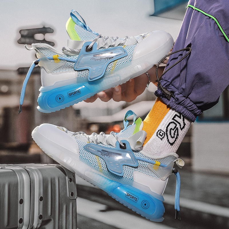 Giày thể thao nam 2022 new Flying knit upper Shock-absorbing sole Popcorn Transparent Sole Sneakers Casual Shoes Fashion Men's Shoes Breathable mesh