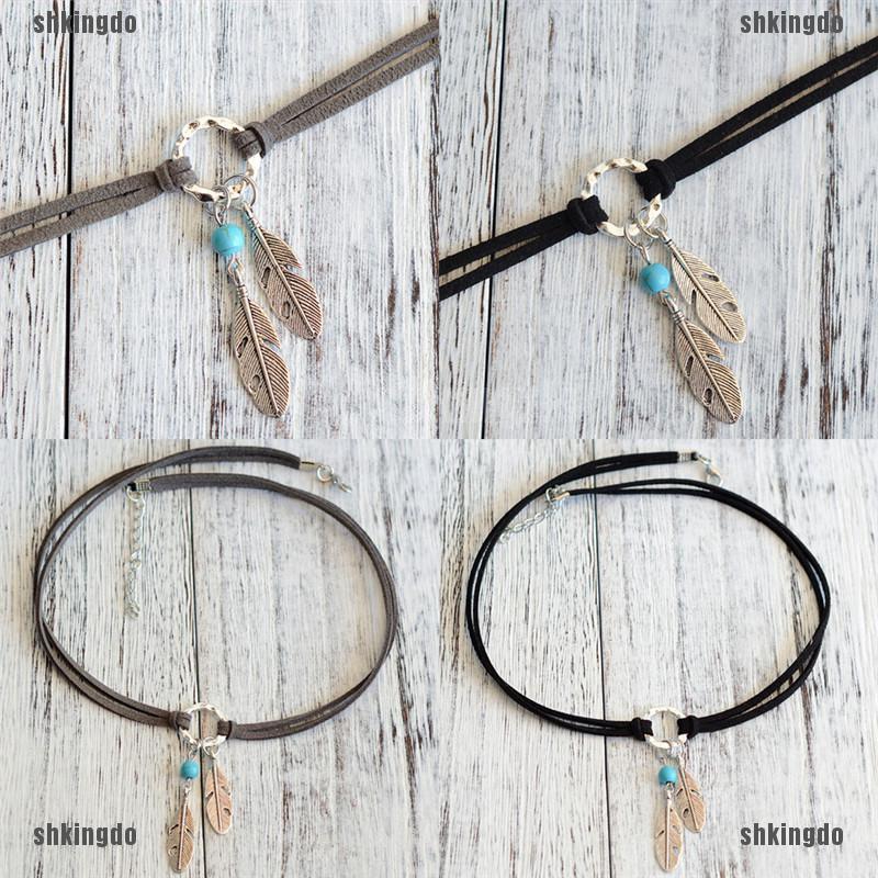 Vòng cổ choker mặt dây hình lông vũ bằng kim loại phong cách Bohemian