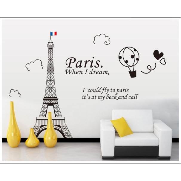 Decal trang trí tường - Tháp Paris khinh khí cầu tinh tế 02