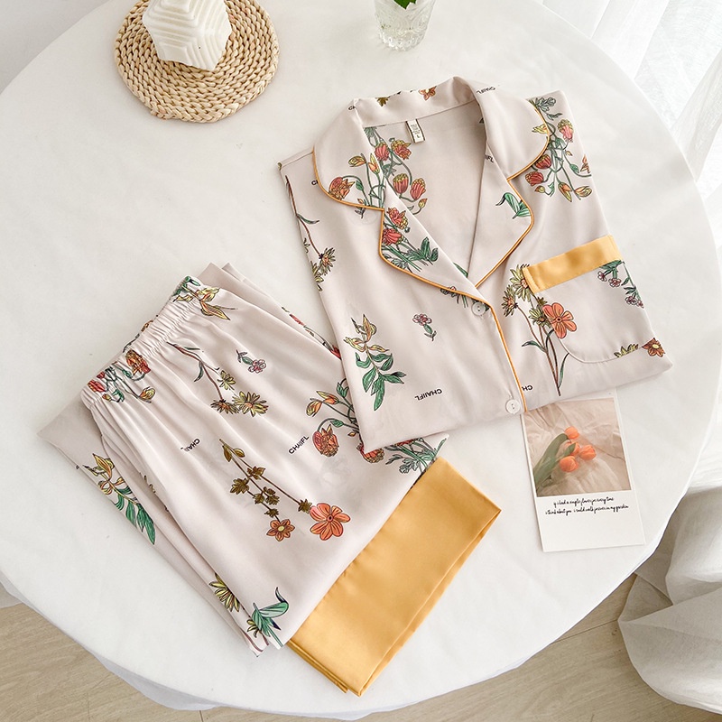 Bộ Đồ Ngủ Vải Lụa Satin Tay Dài In Họa Tiết Thời Trang Chất Lượng Cao Cho Nữ