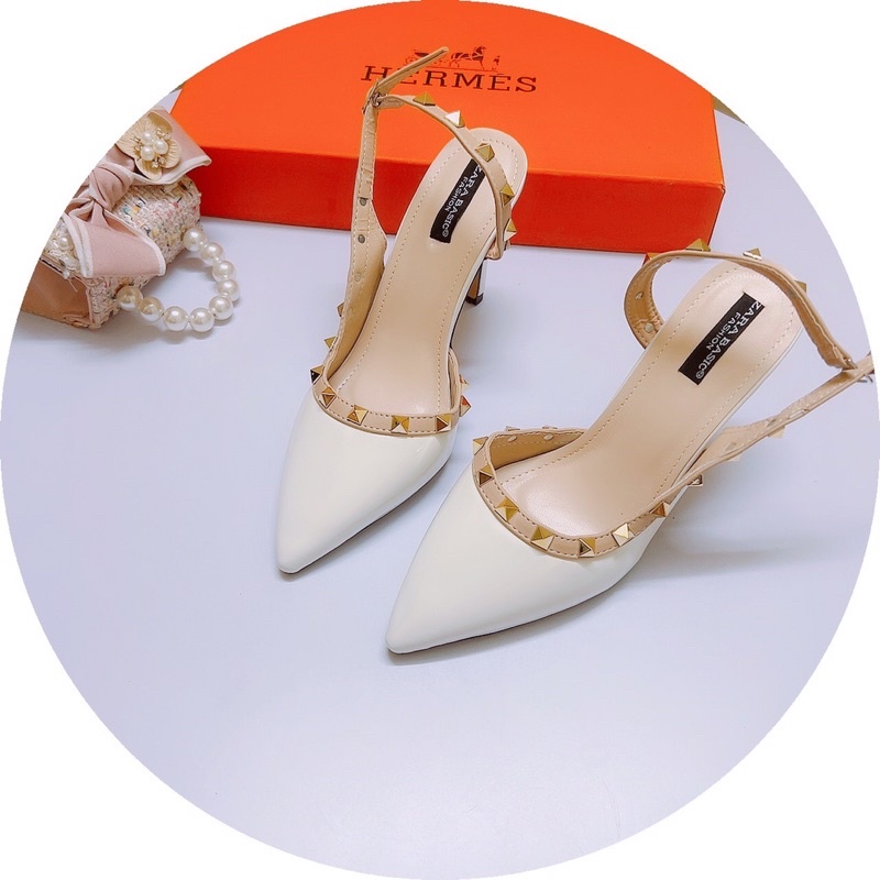 (Giày công sở) Giày sandal cao gót mũi nhọn da bóng viền đinh gót nhọn 8phân