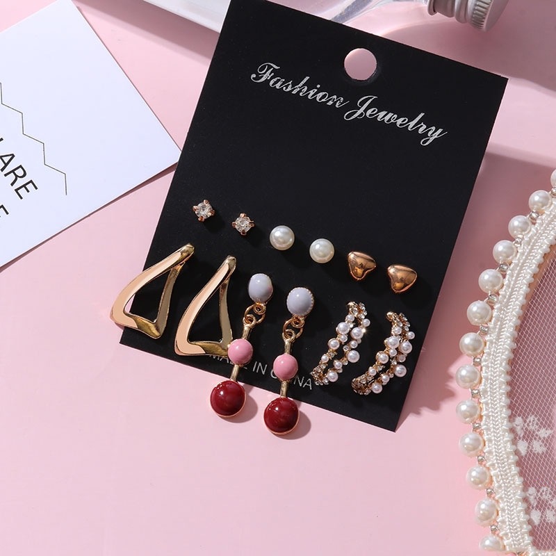 Set 6 Khuyên Tai Đính Đá Pha Lê Phong Cách Hàn Quốc Thanh Lịch Cho Nữ