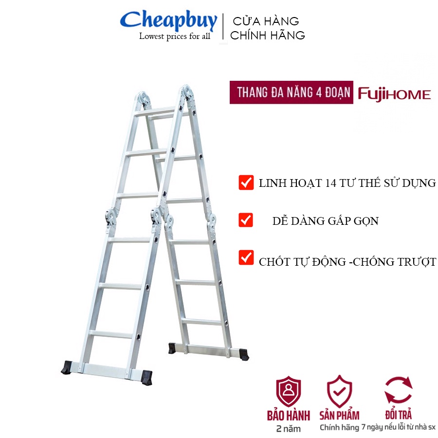 Thang nhôm gấp 4 đoạn đa năng 4,7m FUJIHOME xếp gọn 4 khúc chữ M aluminum ladder BH 1 năm