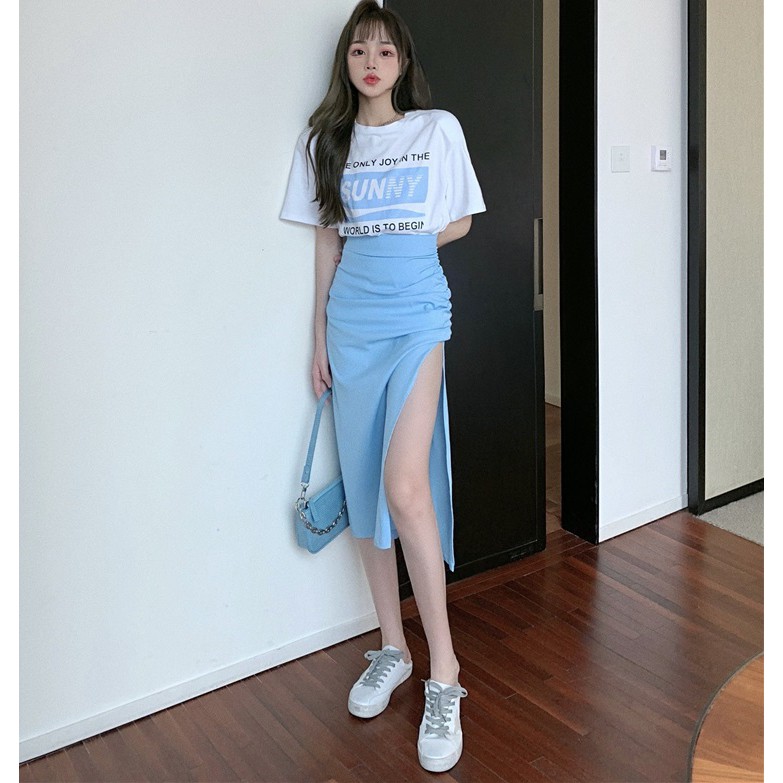 Set bộ áo chân váy 🌸FREESHIP🌸áo thun cotton mát kết hợp chân váy đuôi cá xẻ tà 1 bên thích hợp đi chơi.