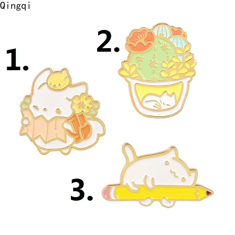 Ghim cài áo MISS ZOE tráng men hình mèo ngủ và chậu xương rồng dễ thương dùng làm quà tặng