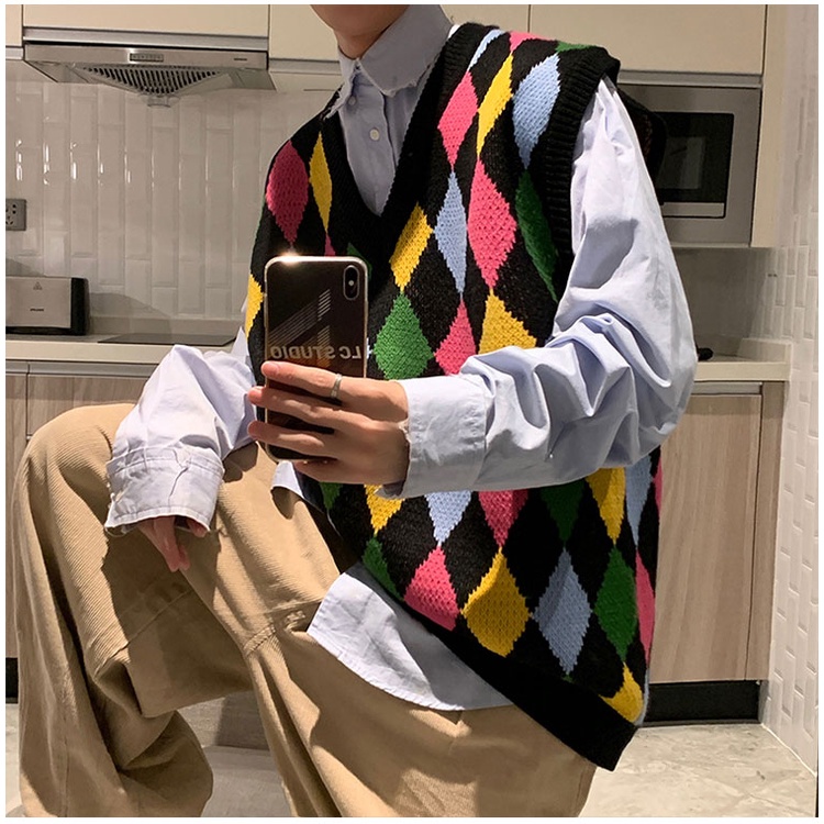 【M-2XL】Thời trang nam đầy màu sắc kẻ sọc V In thanh niên Vest nam xu hướng trẻ trung Đa năng không tay Unisex Vest cặp đôi