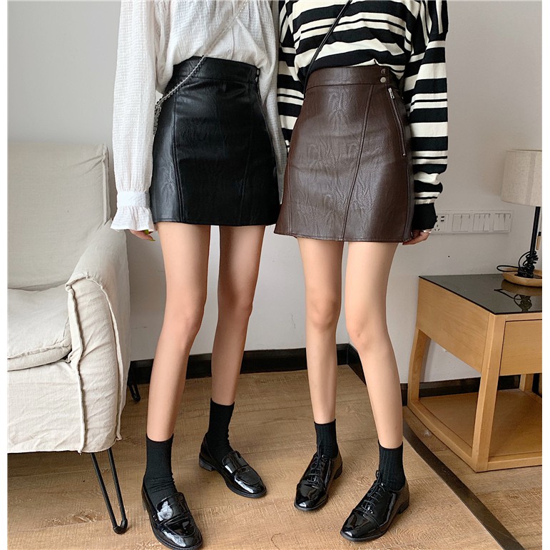 [Sẵn đen] CV6_ Chân váy da dáng chữ A ngắn cạp cao sexy Hàn quốc