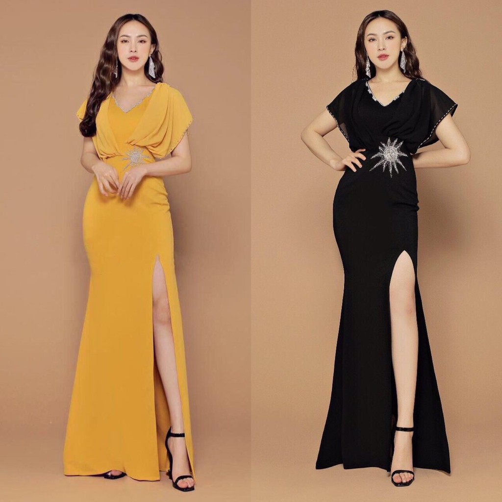 Đầm dạ hội tay dơi xẻ đùi đính hạt